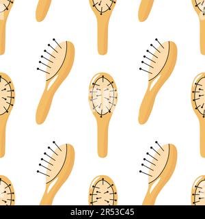 Wooden cartoon hairbrush seamless pattern. Doodle comb illustration for hair care shops. Stock Vector