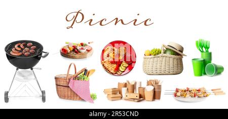 Collection for picnic with accessories and tasty food on white ...