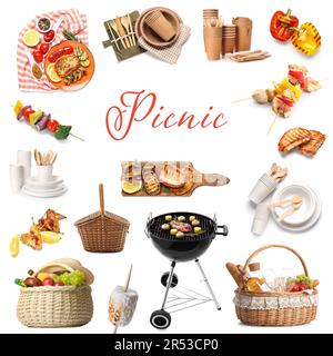 Collection for picnic with accessories and tasty food on white ...