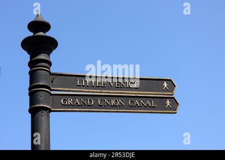 LONDON, UK - MAY 27, 2023:  Signpost with directions to Little Venice and the Grand Union Canal Stock Photo