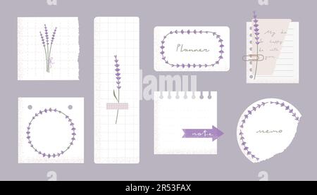 Stickers, note papers, planner doodles vector illustrations with lavender design. Light colors set for diary, notebook. Stock Vector