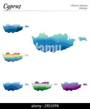Set of vector maps of Cyprus. Vibrant waves design. Bright map of country in geometric smooth curves style. Multicolored Cyprus map for your design. Stock Vector