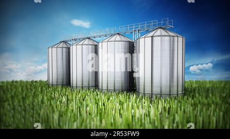 Agriculture grain silos on grass under blue sky. 3D illustration. Stock Photo
