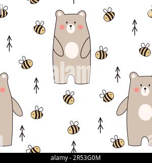 Cute bear. Seamless pattern with bear and bee. Seamless texture for baby. Vector illustration. Stock Vector