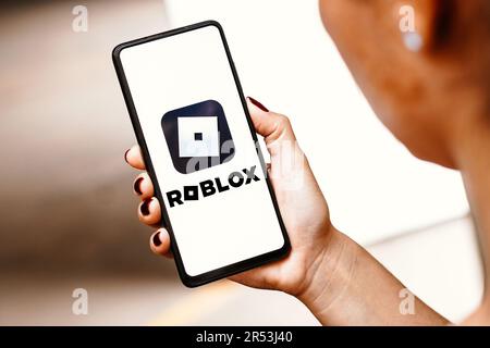 In this photo illustration a Roblox logo of an online game platform is seen  on a smartphone and a pc screen. (Photo by Pavlo Gonchar / SOPA Images/Sipa  USA Stock Photo 