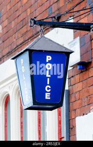 blue vintage police hanging lantern at stoke on trent railway station Saturday May 27th 2023 Stock Photo