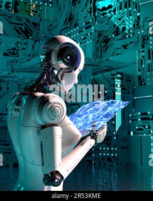 A female robot reading a book in electronic circuits background. 3d rendering. Stock Photo