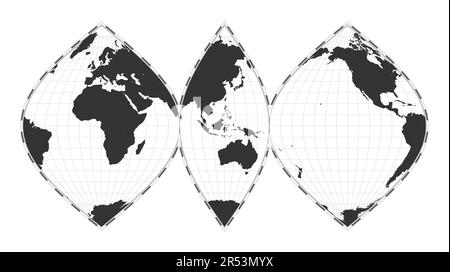 Vector world map. Interrupted sinusoidal projection. Plain world geographical map with latitude and longitude lines. Centered to 120deg W longitude. V Stock Vector