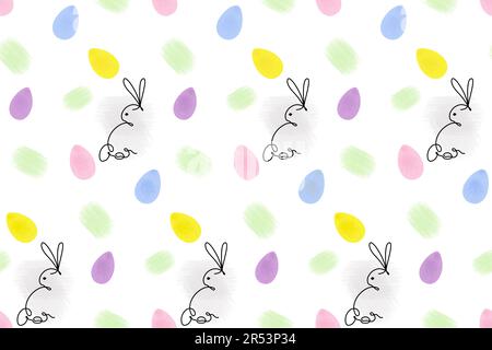Endless pattern of Rabbits in one continuous line and colorful Easter eggs with hand drawn elements. Abstract background texture. Design for wrapping, greeting or invitation cards, wallpaper. Vector Stock Vector