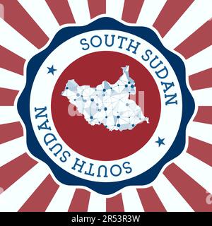 South Sudan Badge. Round logo of country with triangular mesh map and radial rays. EPS10 Vector. Stock Vector