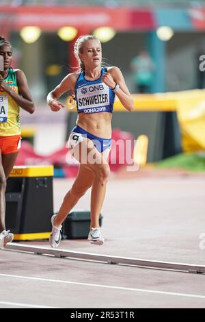 Karissa Schweizer running the 5000m at the 2019 World Athletics Championships in Doha. Stock Photo