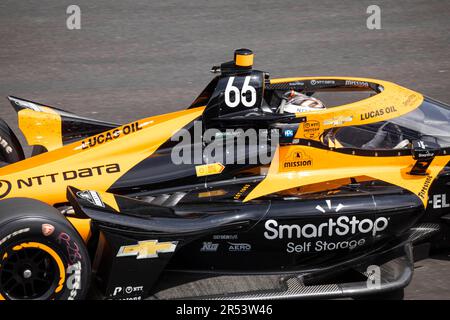 Indianapolis, United States. 28th May, 2023. Chip Ganassi Racing driver Tony Kanaan (66) of Brazil drives during the 2023 Indy 500 at Indianapolis Motor Speedway in Indianapolis. (Photo by Jeremy Hogan/SOPA Images/Sipa USA) Credit: Sipa USA/Alamy Live News Stock Photo