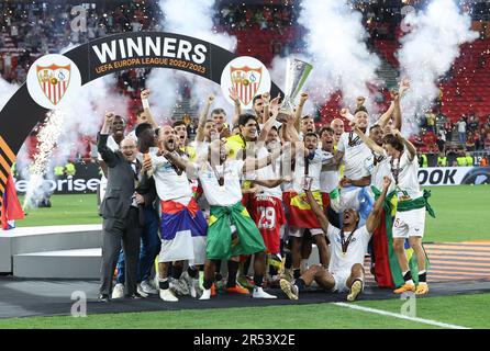 Budapest, Hungary. 31st May, 2023. Sevilla lift the Europa League trophy 2022/2023 during the UEFA Europa League Final match at Puskas Arena, Budapest. Picture credit should read: David Klein/Sportimage Credit: Sportimage Ltd/Alamy Live News Stock Photo