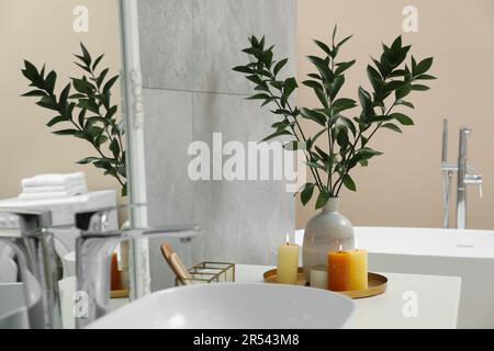Beautiful plant in vase and burning candles near vessel sink on bathroom vanity Stock Photo