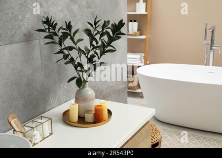 Beautiful plant in vase and burning candles near on bathroom vanity Stock Photo