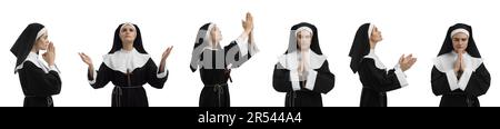 Collage with photos of young nun praying on white background Stock Photo