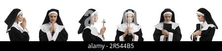 Collage with photos of young nun praying on white background Stock Photo