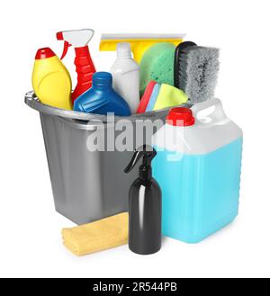 Grey bucket and many different car wash products on white background Stock Photo