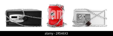 Set of steel safes with chains and locks on white background Stock Photo