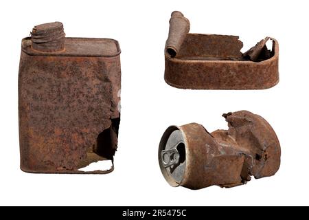 Old rusty tin can packaging discarded scrap metal waste trash garbage cut out on white Stock Photo