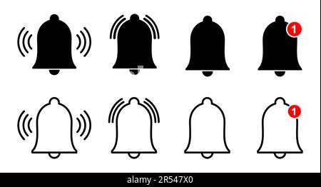 Notification bell icon set isolated on white. Black ringing bell with ...