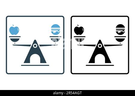 balanced diet icon. apples, burgers and scales. icon related to wellness, healthy. Solid icon style design. Simple vector design editable Stock Vector