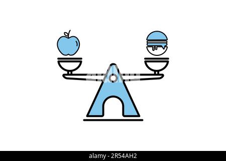 balanced diet icon. apples, burgers and scales. icon related to wellness, healthy. Two tone icon style design. Simple vector design editable Stock Vector