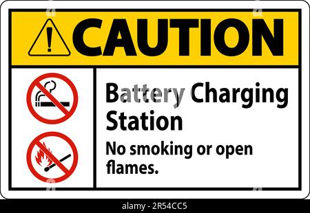 Caution Sign Battery Charging Station, No Smoking Or Open Flames Stock Vector