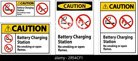 Caution Sign Battery Charging Station, No Smoking Or Open Flames Stock Vector