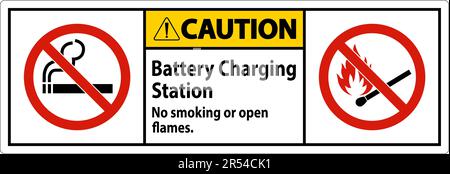 Caution Sign Battery Charging Station, No Smoking Or Open Flames Stock Vector