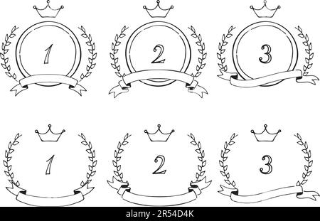 Ranking material drawn with laurels, ribbons and crowns.  Black-and-white hand-drawn line drawings. Stock Vector
