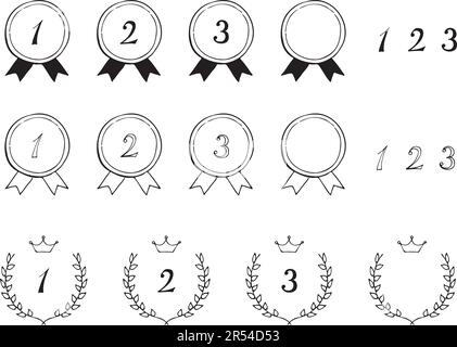 Ranking material of medals with ribbons and laurels. Black-and-white hand-drawn line drawings. Stock Vector