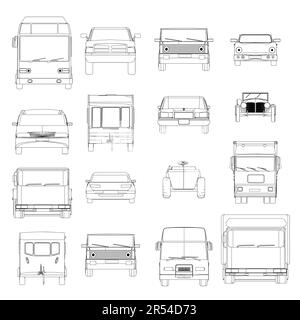 Set with contours of various cars from black lines isolated on white background. Front view. Vector illustration. Stock Vector