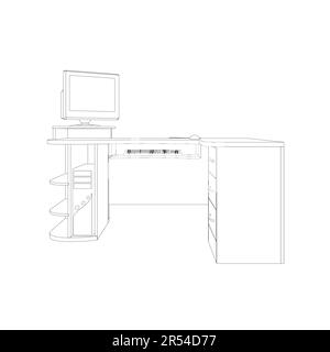 Line drawing of retro old classic personal computer processor unit. Vintage cpu with analog monitor and keyboard item concept one line draw graphic de Stock Vector