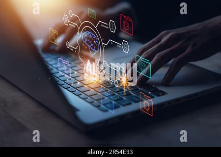 AI (Artificial intelligence) research development for future growth. Businessman using laptop. Machine learning technology links digital marketing. Bi Stock Photo