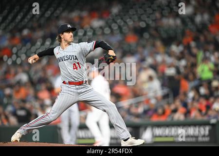 Minnesota Twins starting pitcher Joe Ryan (41) in the bottom of the first inning during the MLB game between the Minnesota Twins and the Houston Astro Stock Photo