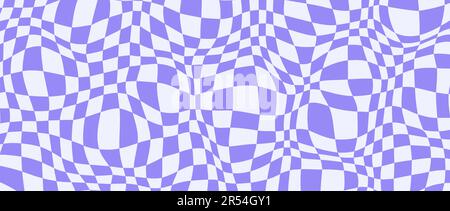 Trippy distorted checkerboard background. Purple psychedelic checkered wallpaper. Wavy groovy chessboard surface. Twisted geometric pattern. Abstract retro vector backdrop Stock Vector