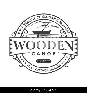Retro Vintage Wooden Canoe round emblem with mountain in monochrome style isolated vector illustration Stock Vector