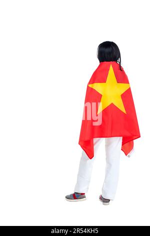 Asian women celebrate Vietnam independence day on 02 September by holding the Vietnam flag isolated over white background Stock Photo