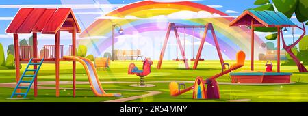 Kids playground in the park with rainbow in the sky at daytime cartoon  style Stock Vector Image & Art - Alamy