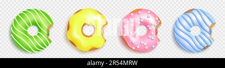 Realistic bitten donut isolated vector design. Confectionery biscuit bagel set for cafe menu illustration. 3d top view glazed and bite doughnut in ink, blue, yellow and green icing decoration Stock Vector