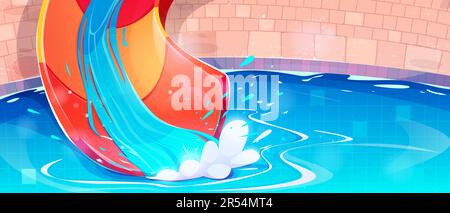 Water slide bottom in swimming pool. Vector cartoon illustration of aquapark equipment for active rest, extreme spiral tube with blue aqua flow splashing and sprinkling. Summer vacation, beach details Stock Vector