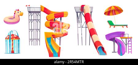 Cartoon set of aquapark equipment isolated on white background. Vector illustration of extreme spiral water slides, inflatable unicorn ring, colorful umbrella, chaise lounge. Summer beach elements Stock Vector