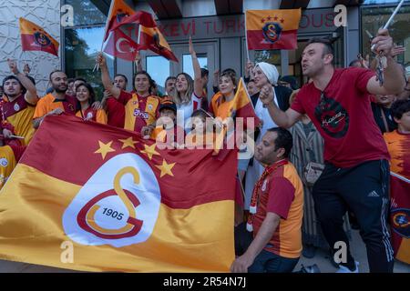 New York, United States. 31st May, 2023. Fans wearing red-and-yellow Jerseys and waving flags in red-and-yellow colours celebrate the Galatasaray record 23rd Turkish super league title outside the Permanent Mission of Turkey to the United Nations in New York City. Galatasaray claimed their 23rd Turkish league title with a 4-1 victory over Ankaragucu in their penultimate match of the Super league season on Tuesday. (Photo by Ron Adar/SOPA Images/Sipa USA) Credit: Sipa USA/Alamy Live News Stock Photo