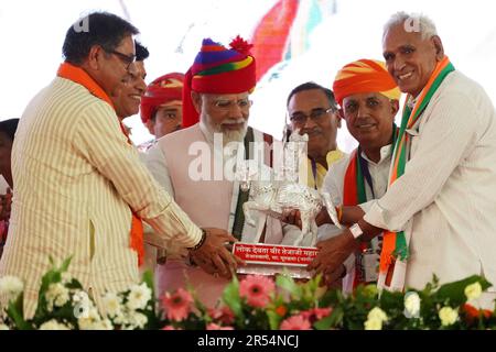 Ajmer, India. 31st May, 2023. PM Narendra Modi addresses a rally in Rajasthan's Ajmer district, the first major event in a month-long outreach campaign by the BJP to mark nine years in power. Modi launched 'Maha Jansampark' campaign of the BJP by addressing a public meeting in Ajmer, Rajasthan, India, May 31, 2023. Under the Maha Jan Sampark campaign, scheduled to be held from May 31 (today) to June 30, extensive public programmes will be done across the country after the completion of 9 yrs at the Centre. Photo by ABACAPRESS.COM Credit: Abaca Press/Alamy Live News Stock Photo