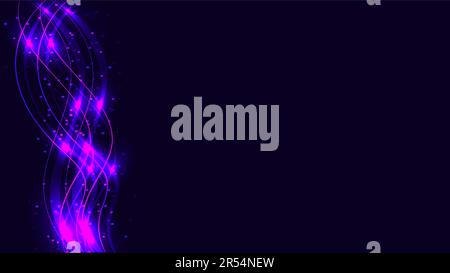 Purple transparent abstract shiny magical cosmic magic energy lines, rays with glare and dots and light shines on a black background on the left. Vect Stock Vector