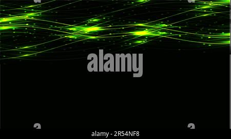 Green transparent abstract shining magical cosmic magical energy lines, rays with highlights and dots and light auroras on a dark green background fro Stock Vector