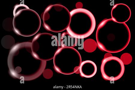 Abstract, multicolored, neon, shiny, bright, red, glowing circles, balls, bubbles, light spots with bokeh effect with stars on a black background. Vec Stock Vector