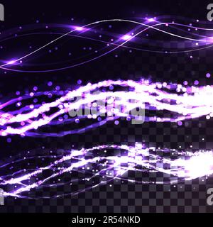 Set of beautiful abstract transparent luminous violet cosmic magical electric energy lines of waves on a translucent dark to checkered black backgroun Stock Vector