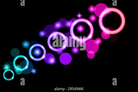 Abstract, multicolored, neon, purple, pink, bright, glowing circles, balls, bubbles, planets with stars on a black background of space. Vector illustr Stock Vector